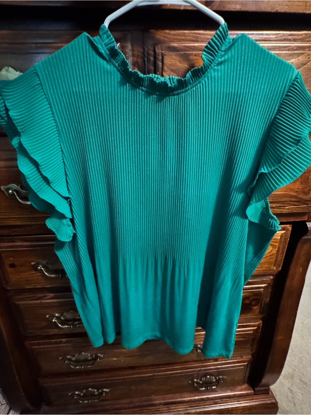 Adrianna Papell Teal Pleated Ruffle Sleeve Blouse